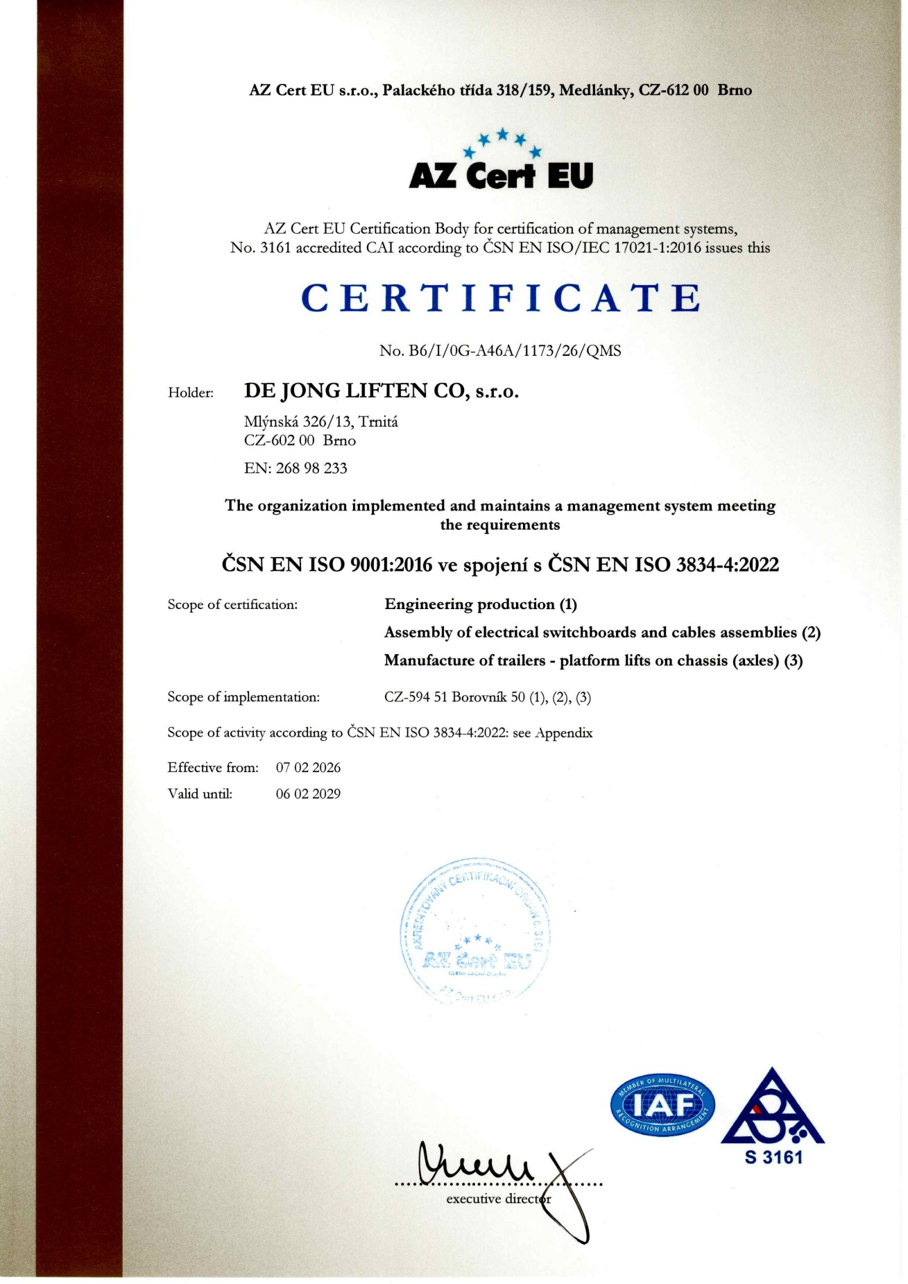 Certificate ČSN EN ISO 9001:2016